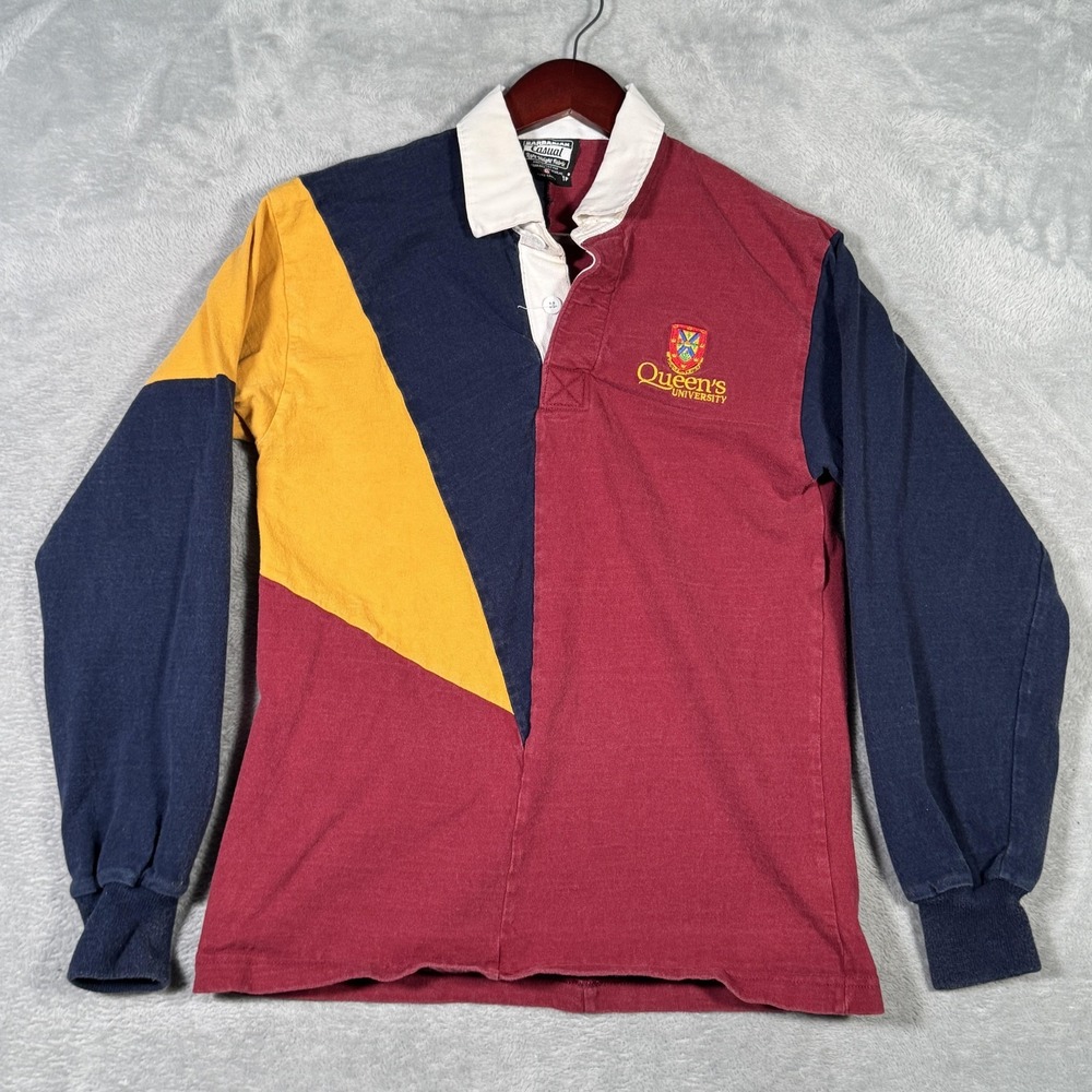 Queen's University Rugby Shirt Long Sleeve Mens XS Maroon Navy Gold Barbarian‎